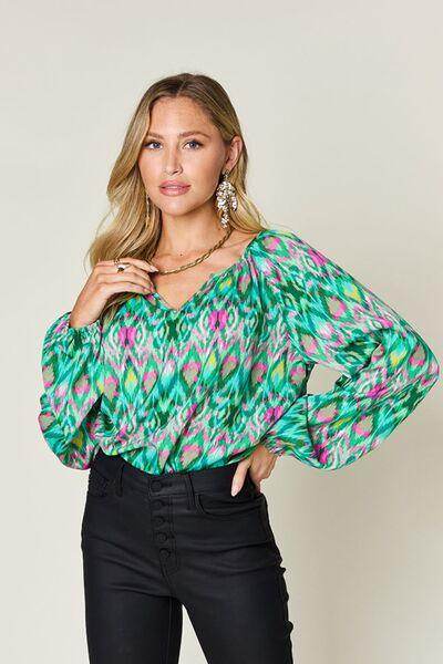Double Take Full Size Printed Balloon Sleeve Blouse Women - Selvanelle