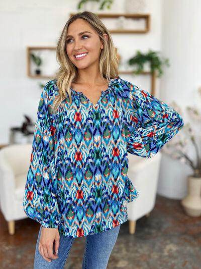 Double Take Full Size Printed Balloon Sleeve Blouse Women - Selvanelle