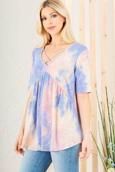 Heimish Full Size Crisscross Tie Dye Babydoll Top Plus Size - Selvanelle
