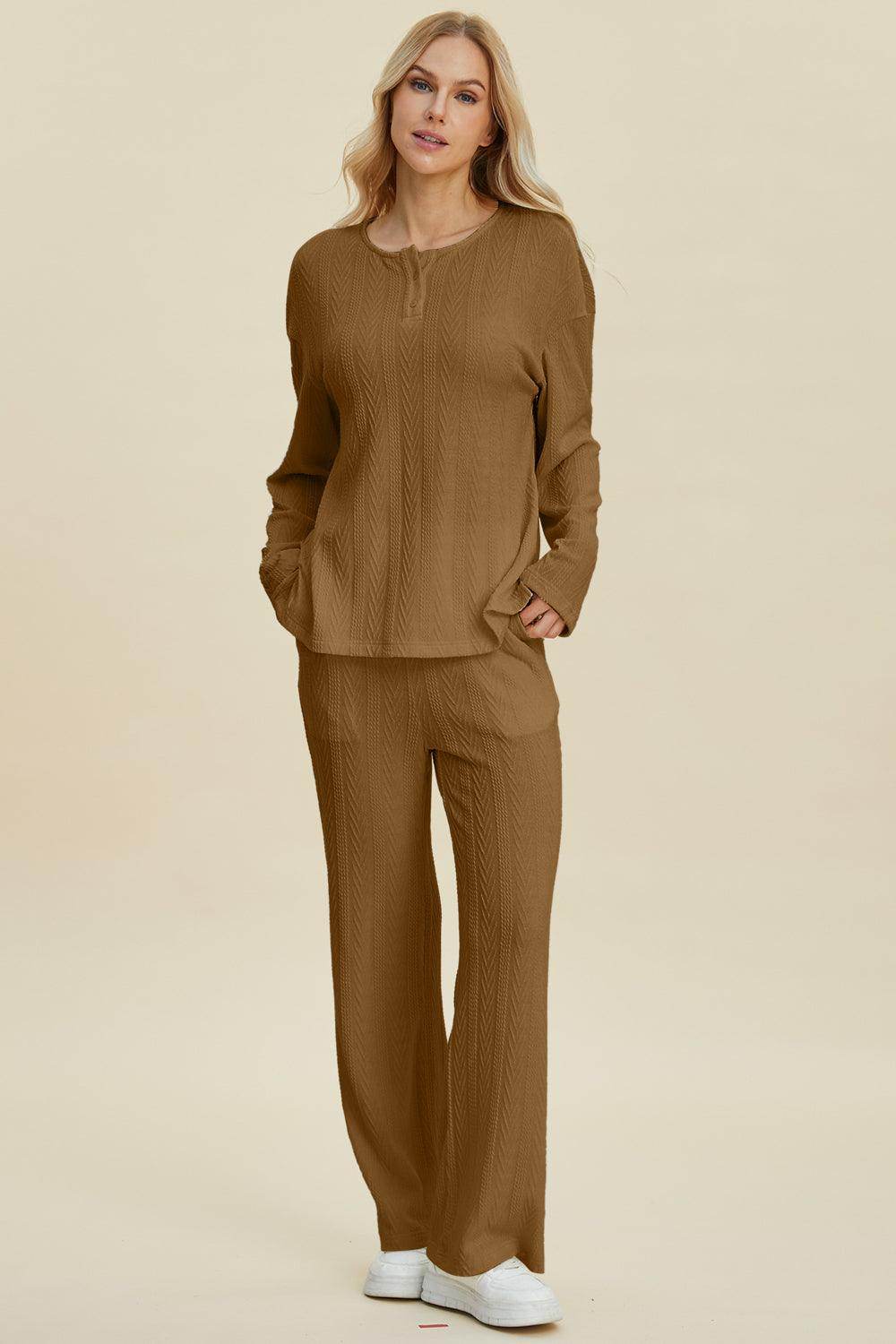 Double Take Full Size Cable-Knit Long Sleeve Top Pants Set - Selvanelle