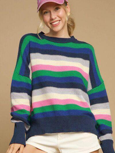 Contrast Striped Round Neck Long Sleeve Sweater for Women - Selvanelle