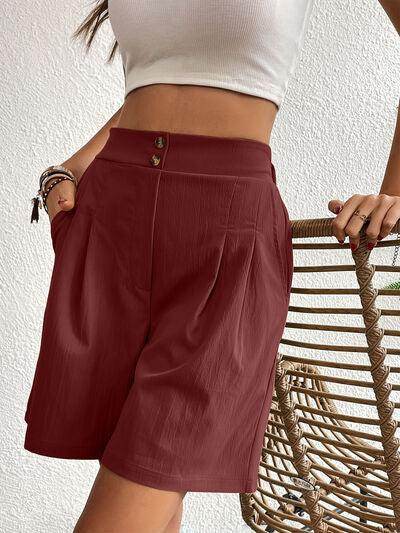 Pocketed Half Elastic Waist Shorts with Side Pockets - Selvanelle
