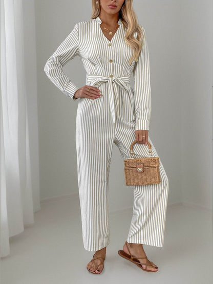 Striped Notched Long Sleeve Tie Waist Jumpsuit - Selvanelle