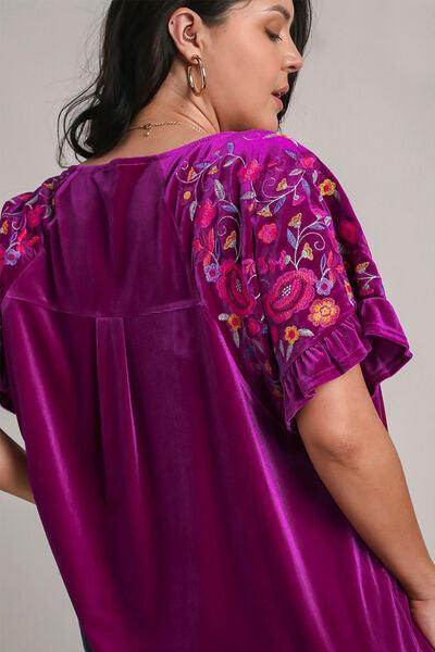 Umgee Full Size Velvet Embroidery Short Sleeve Blouse for Women - Selvanelle