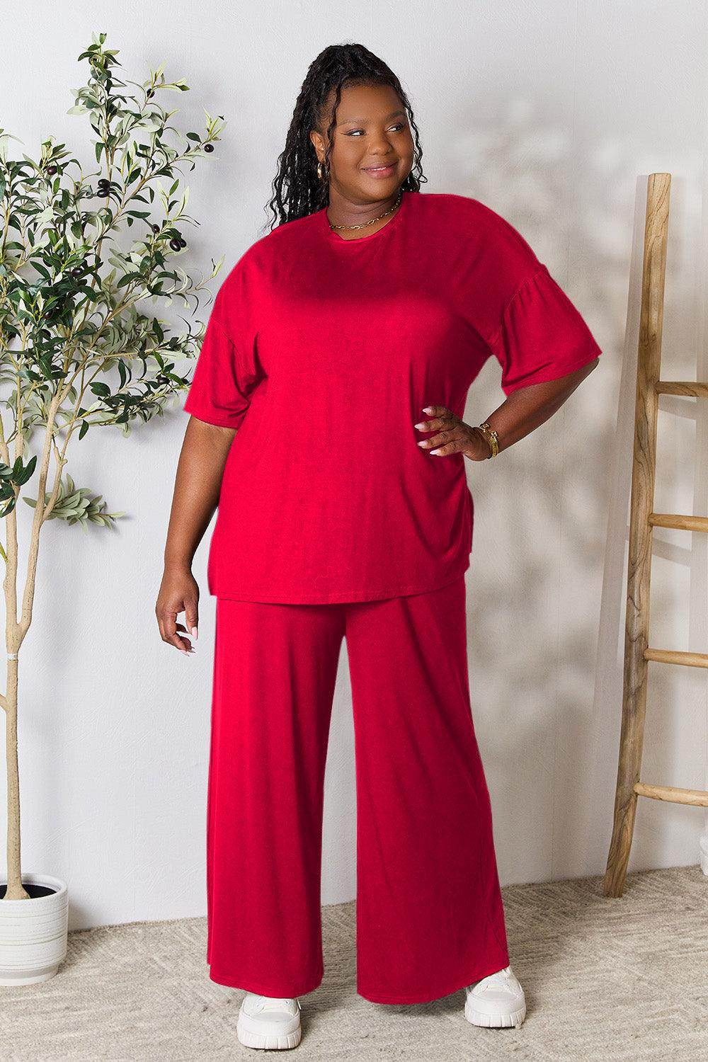 Double Take Full Size Round Neck Slit Top and Pants Set - Selvanelle