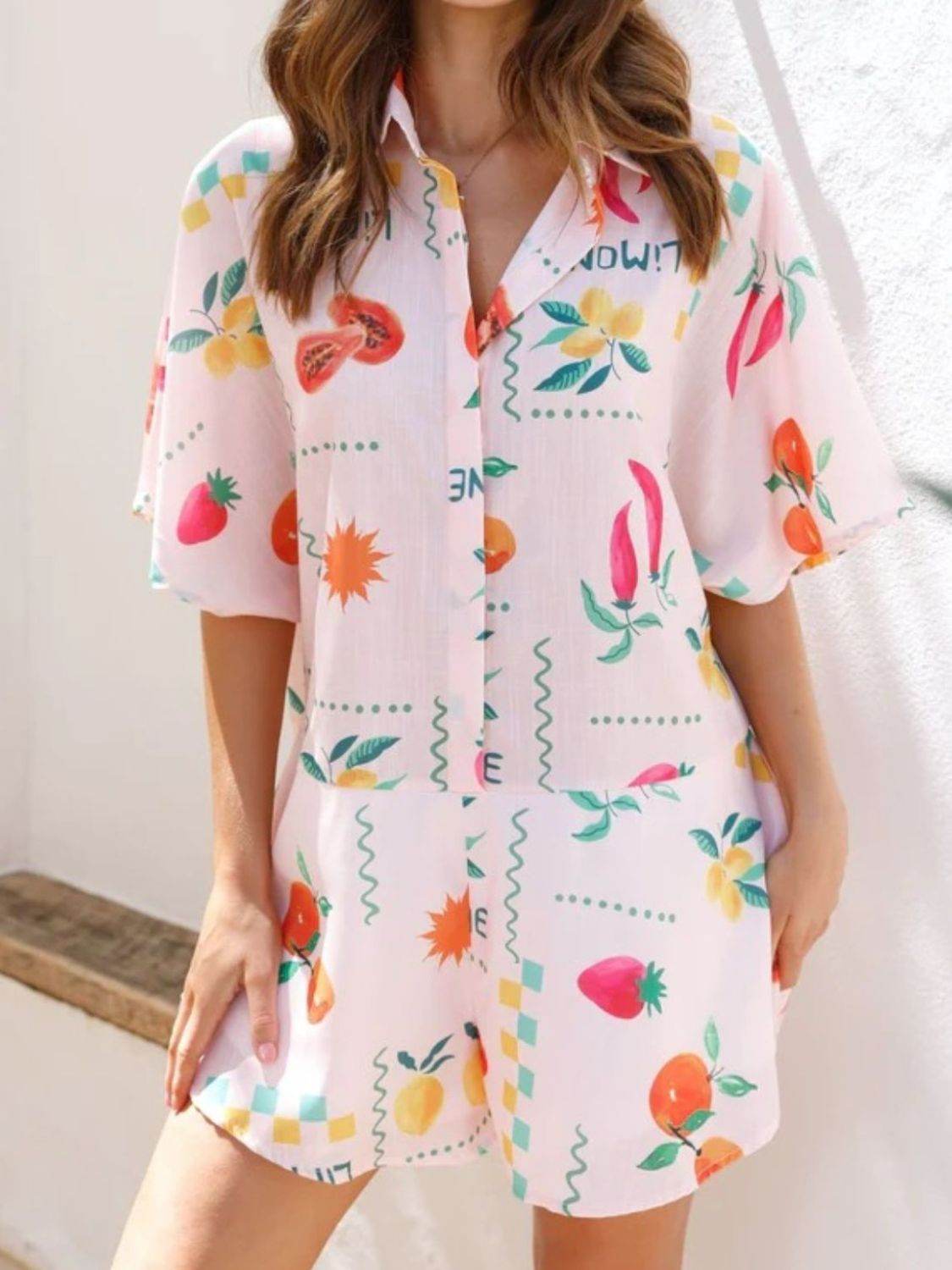 Printed Collared Neck Half Sleeve Romper - Selvanelle