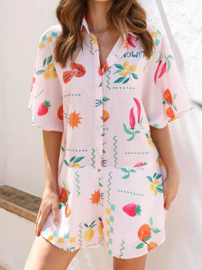 Printed Collared Neck Half Sleeve Romper - Selvanelle