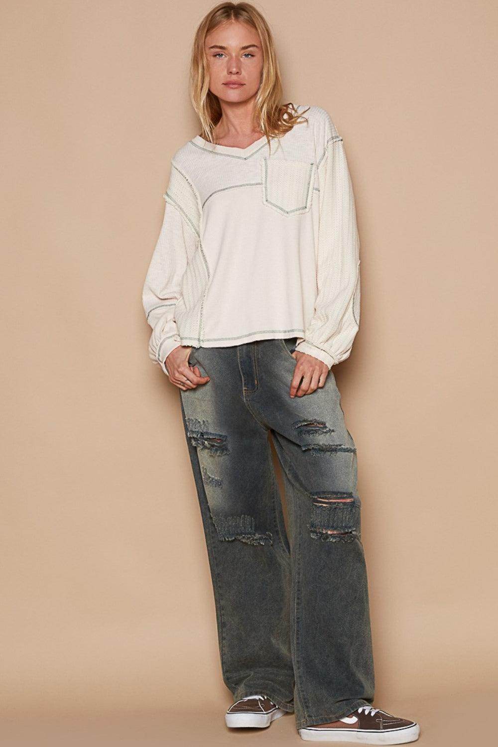 POL V-Neck Knit Panel Exposed Seam Top for Stylish Wear - Selvanelle