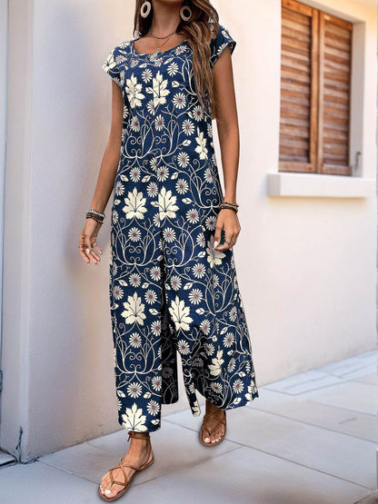 Perfee Printed Round Neck Cap Sleeve Wide Leg Jumpsuit - Selvanelle