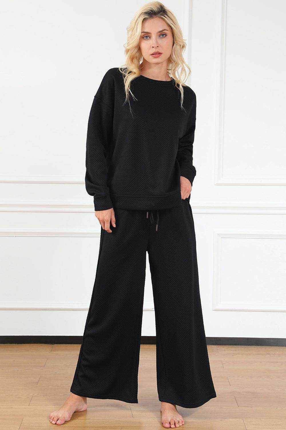 Double Take Full Size Textured Long Sleeve Top and Drawstring Pants Set for Women - Selvanelle