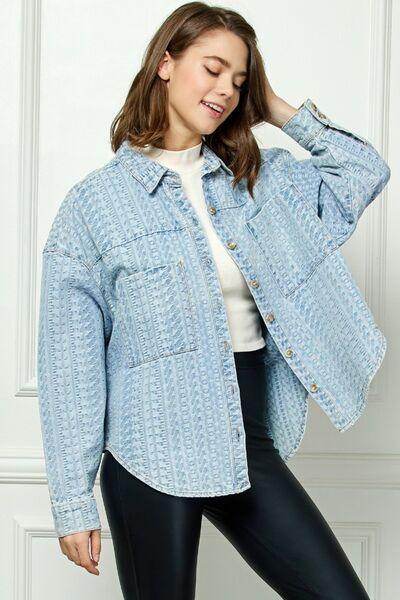 Veveret Button Up Dropped Shoulder Denim Top for Women - Selvanelle