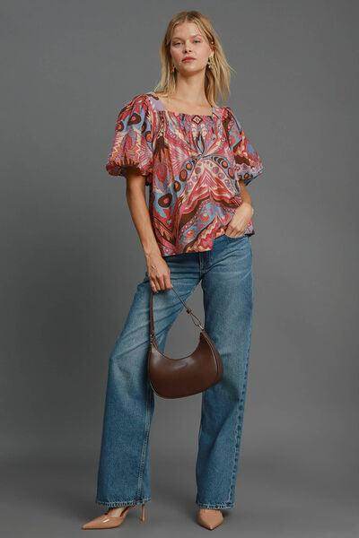 Umgee Full Size Abstract Print Smocked Square Neck Blouse - Selvanelle