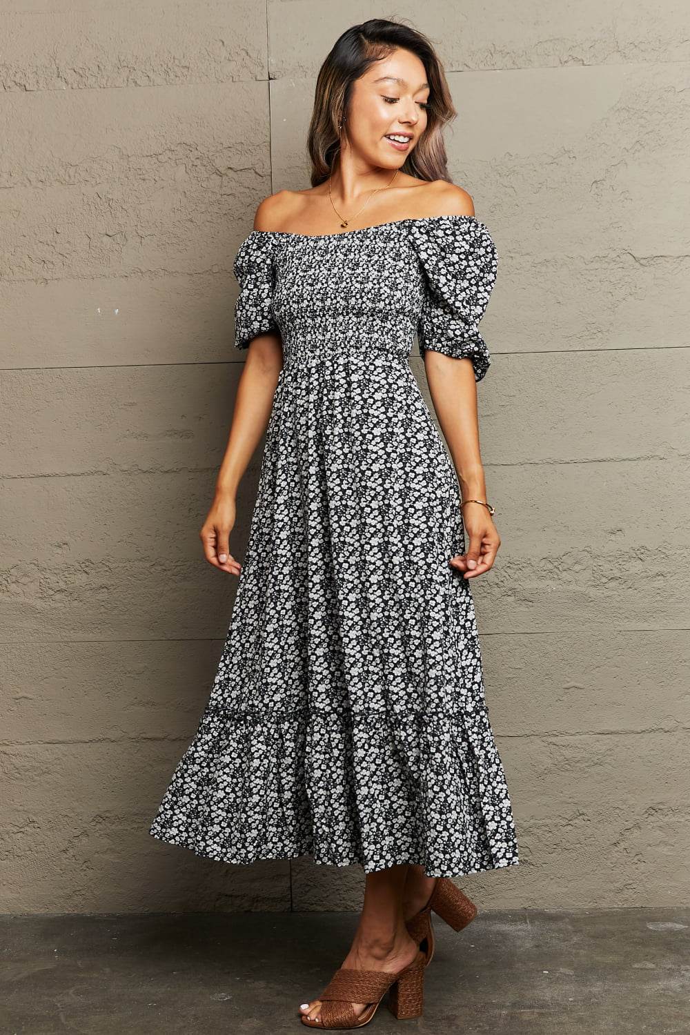 Perfee Floral Lace-Up Off-Shoulder Midi Dress - Selvanelle