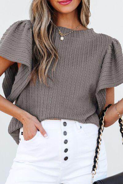 Textured Round Neck Flounce Sleeve Blouse for Stylish Wear - Selvanelle