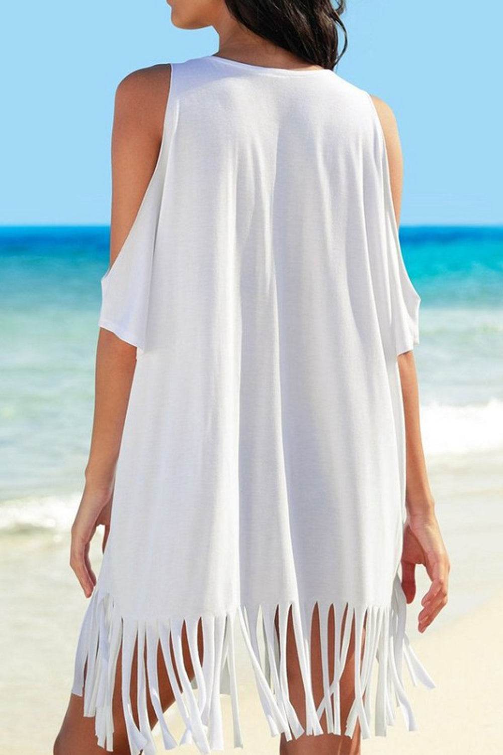 Fringe V-Neck Cold Shoulder Cover Up - Selvanelle