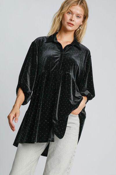 Umgee Full Size Polka Dot Button Up Half Sleeve Shirt - Selvanelle