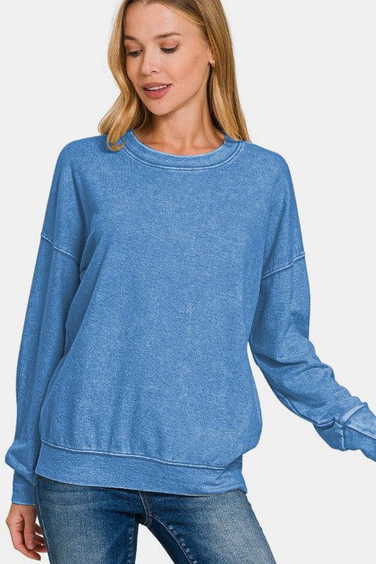 Zenana Washed Round Neck Dropped Shoulder Sweatshirt Cozy