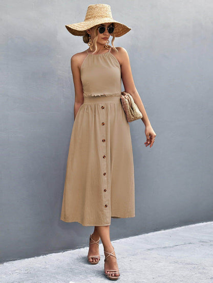 Buttoned Halter Neck Frill Trim Midi Dress for Chic Style - Selvanelle