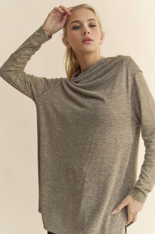 Davi & Dani Slit Mock Neck Long Sleeve Top for Women