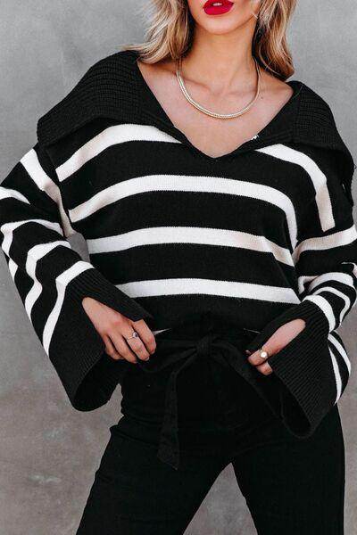 Striped Johnny Collar Long Sleeve Sweater for Women - Selvanelle