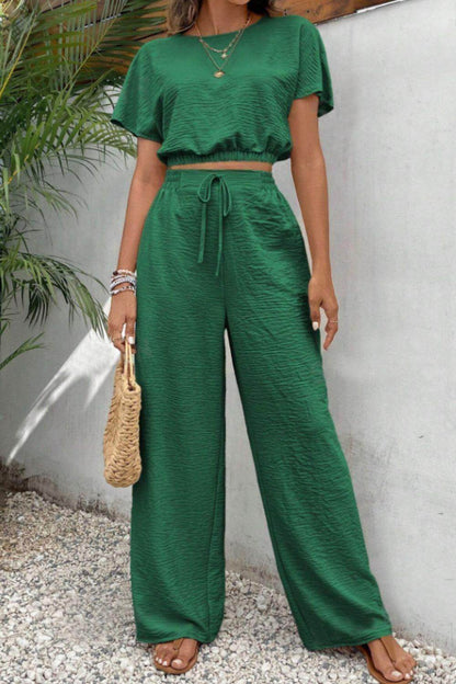 Round Neck Short Sleeve Top and Pants Set for Women - Selvanelle