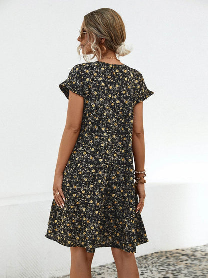 Frill Floral Round Neck Short Sleeve Tiered Dress - Selvanelle