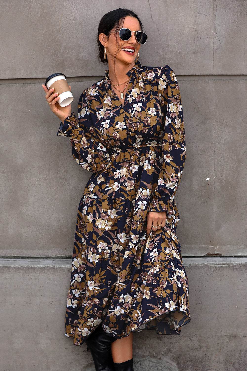 Perfee Floral Flounce Sleeve Tiered Dress - Selvanelle