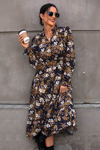 Perfee Floral Flounce Sleeve Tiered Dress - Selvanelle