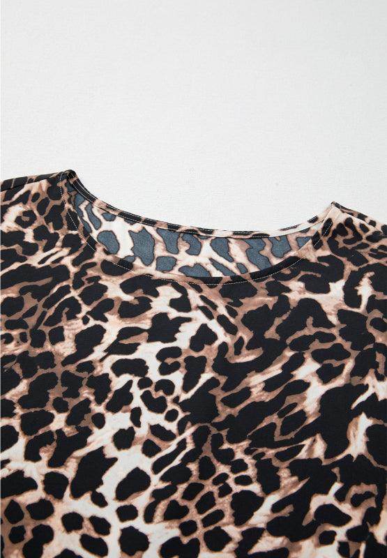 Contrast Trim Leopard Round Neck Top and Pants Lounge Set - Selvanelle