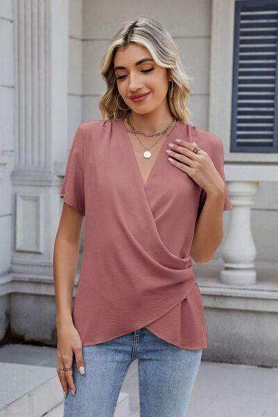 Solid Color Surplice Short Sleeve Blouse for Women - Selvanelle