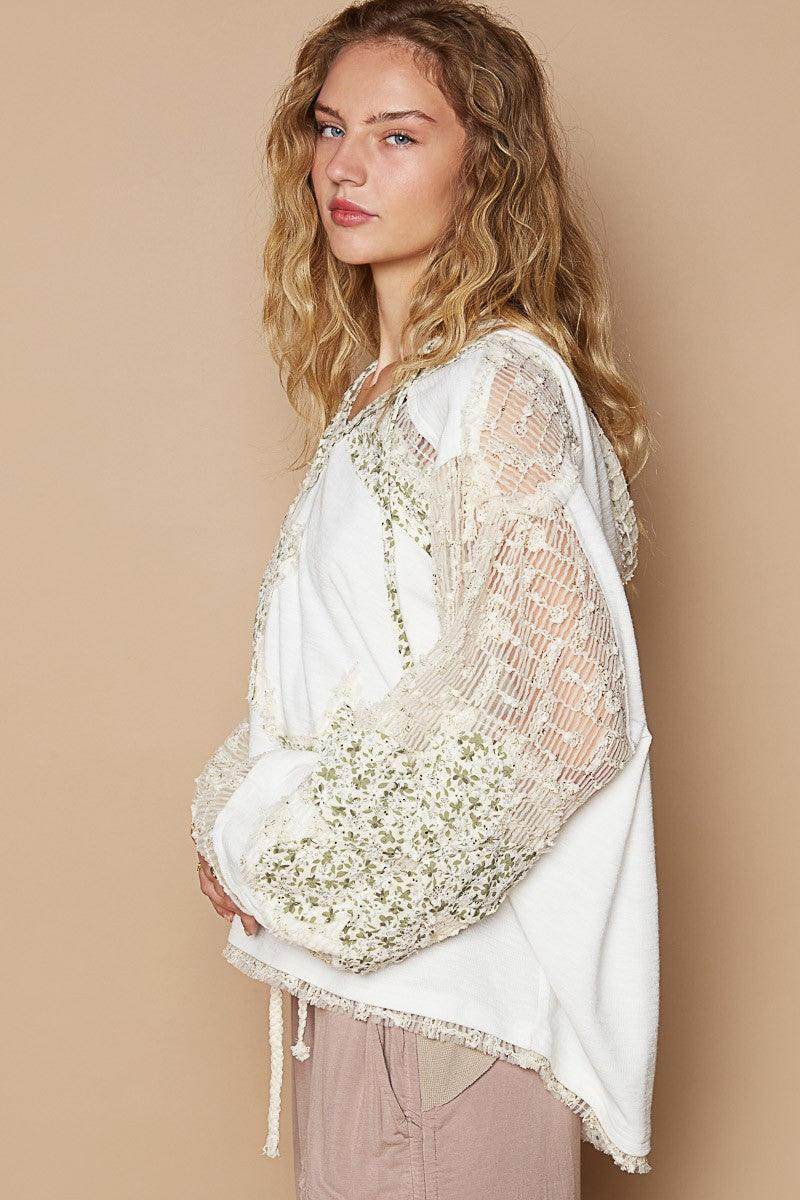 POL Star Patch Lace Contrast Long Sleeve Hooded Top Style - Selvanelle