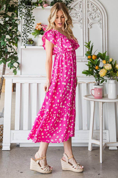 Reborn J Printed V-Neck Ruffle Trim Tiered Midi Dress - Selvanelle