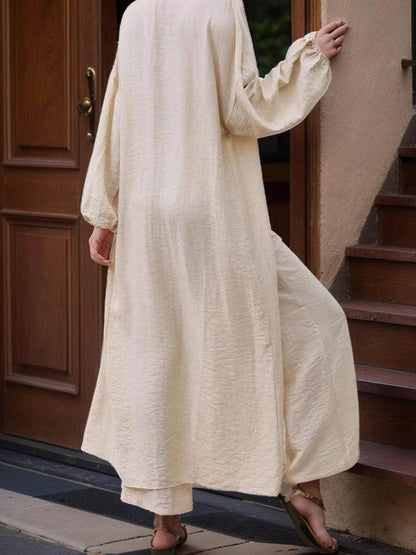 Open Front Balloon Sleeve Cardigan and Pants Set for Women - Selvanelle
