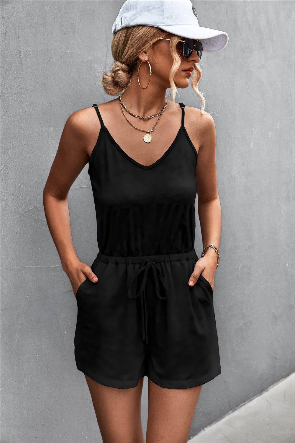 Spaghetti Strap V-Neck Pocket Romper - Selvanelle