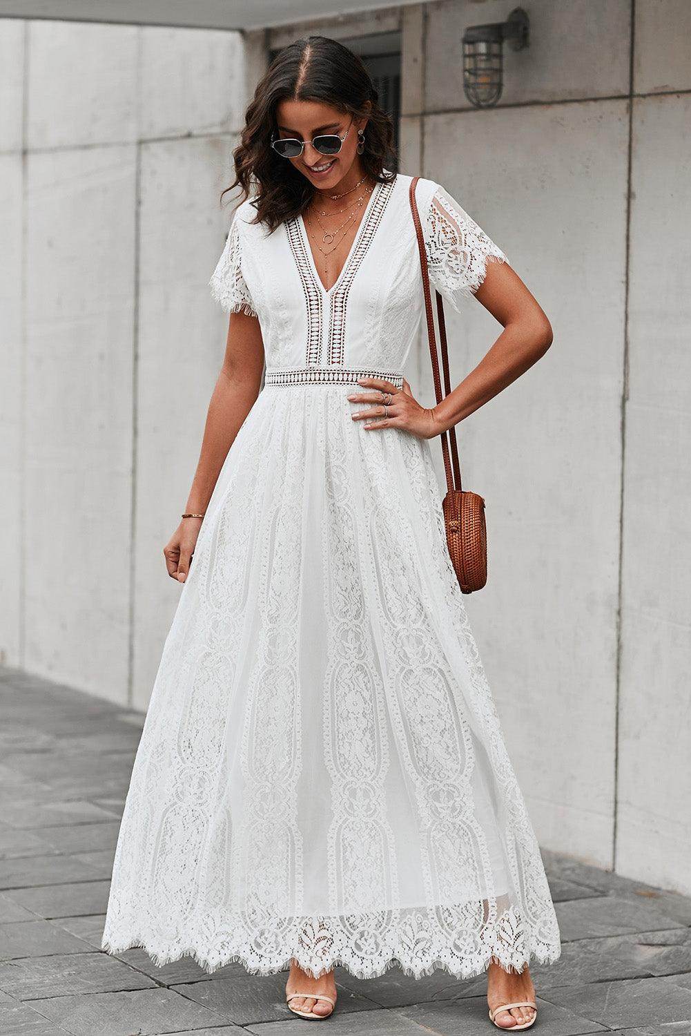 Scalloped Trim Lace Plunge Dress for Elegant Occasions - Selvanelle