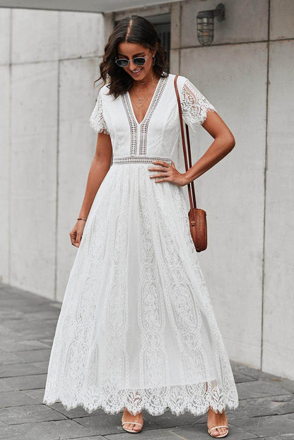 Scalloped Trim Lace Plunge Dress for Elegant Occasions - Selvanelle
