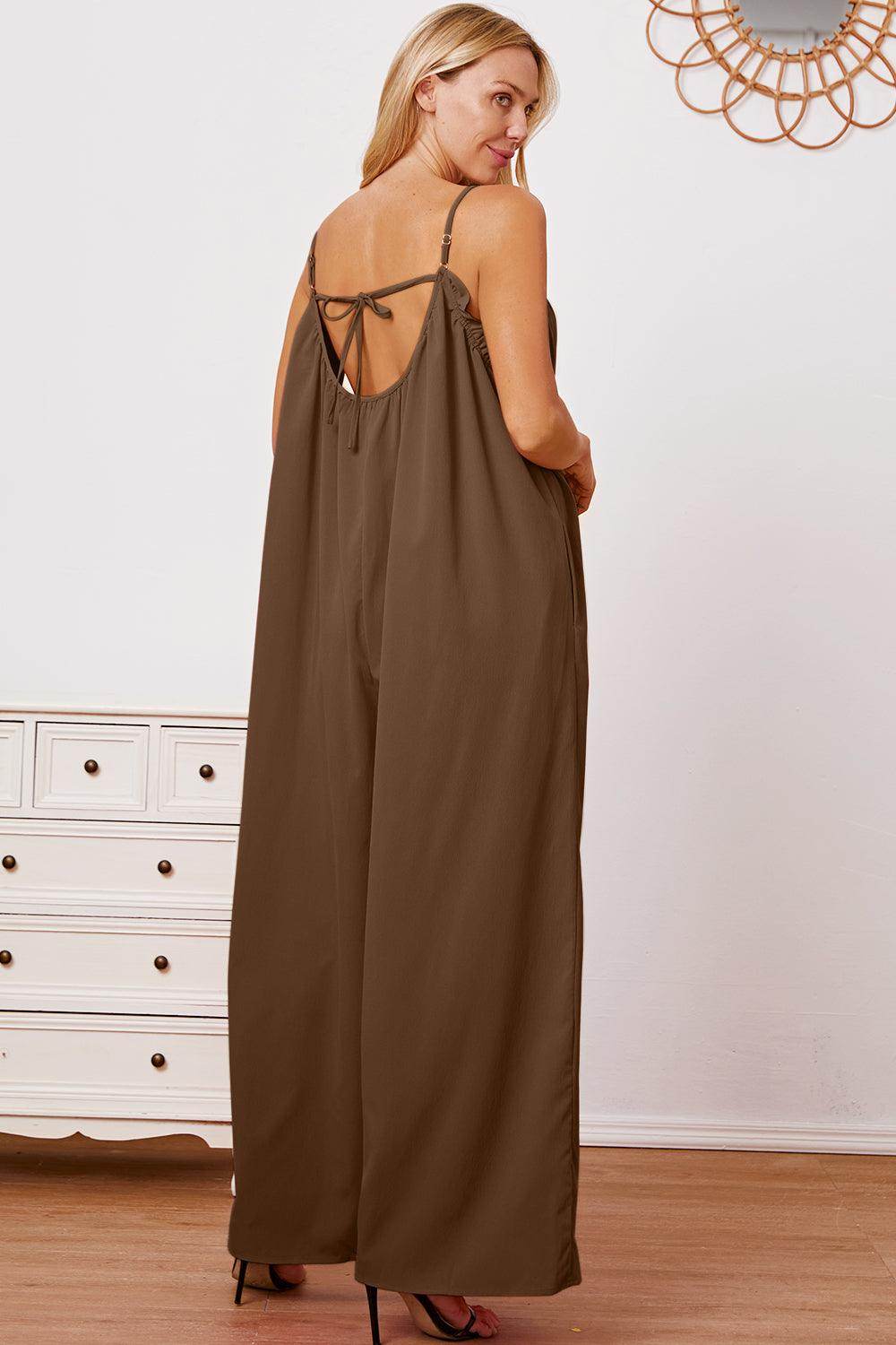 Double Take Full Size Ruffle Trim Tie Back Cami Jumpsuit - Selvanelle