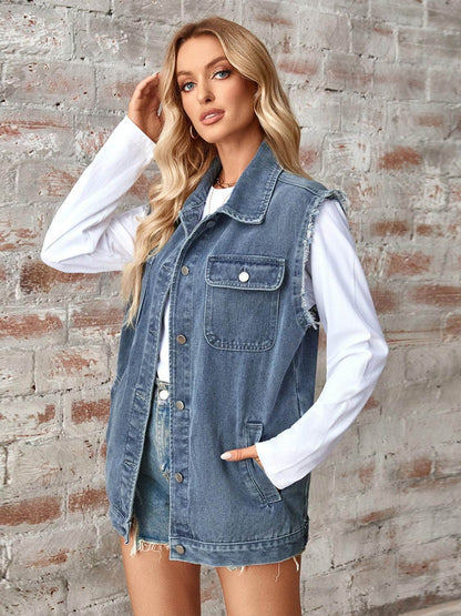 Raw Hem Sleeveless Button Up Denim Jacket for Women - Selvanelle