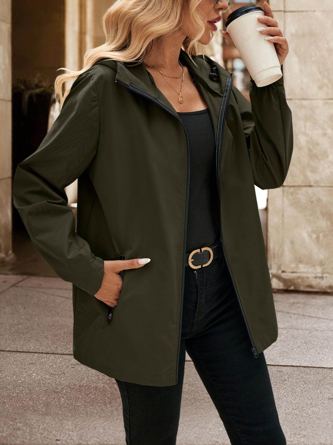 Ivy Lane Pocketed Zip Up Hooded Jacket for Women - Selvanelle