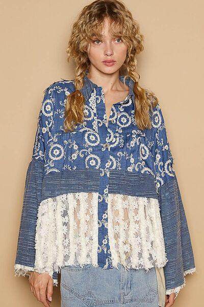 POL Lace Hem Embroidered Long Sleeve Shirt for Women - Selvanelle