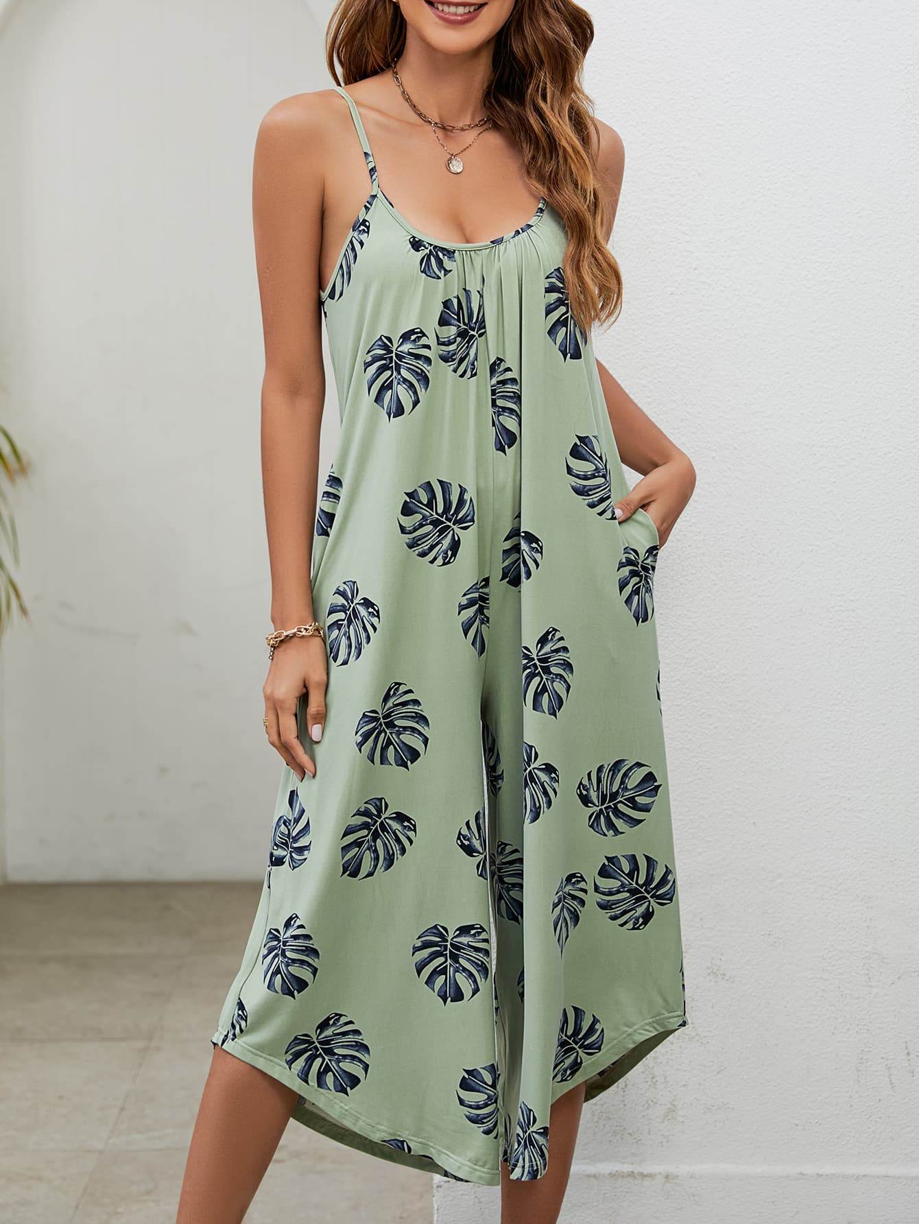 Botanical Print Spaghetti Strap Scoop Neck Jumpsuit - Selvanelle