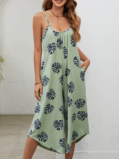 Botanical Print Spaghetti Strap Scoop Neck Jumpsuit - Selvanelle