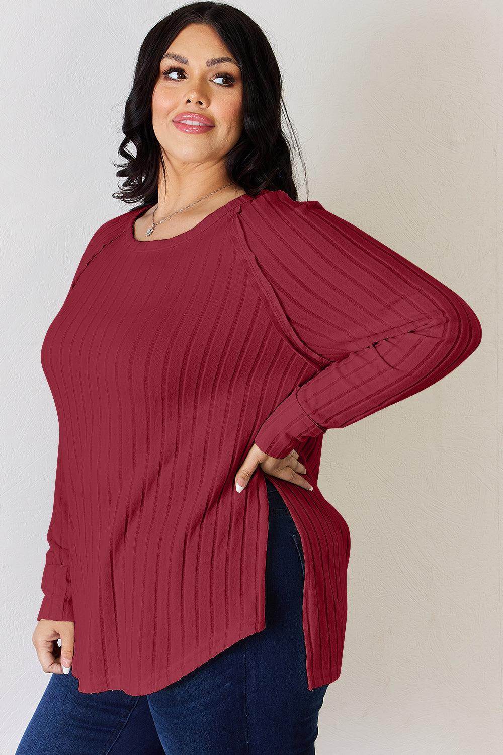 Basic Bae Full Size Ribbed Round Neck Slit T-Shirt for Women - Selvanelle