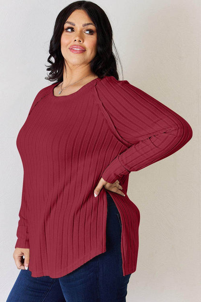 Basic Bae Full Size Ribbed Round Neck Slit T-Shirt for Women - Selvanelle