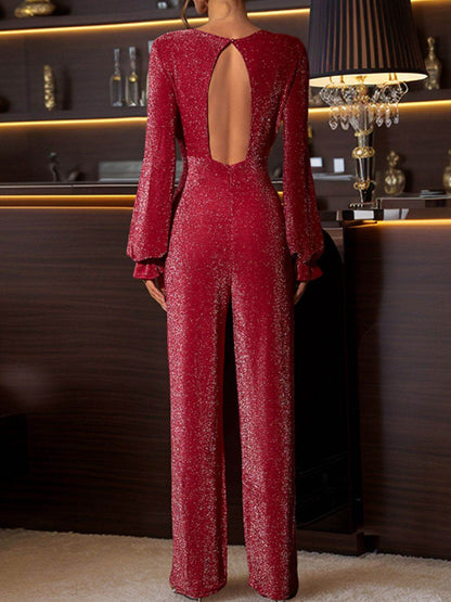 Perfee Cutout Round Neck Long Sleeve Jumpsuit - Selvanelle