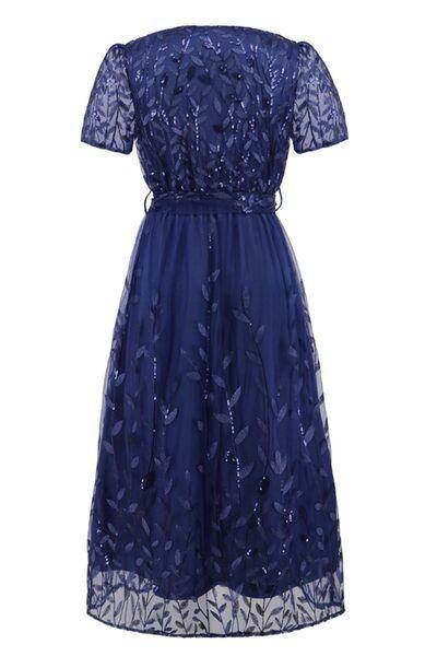 Sequin Leaf Embroidery Tie Front Short Sleeve Dress for Women - Selvanelle