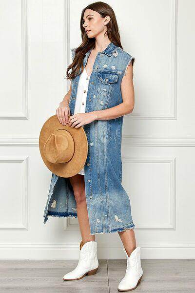 Veveret Full Size Distressed Sleeveless Longline Denim Jacket - Selvanelle