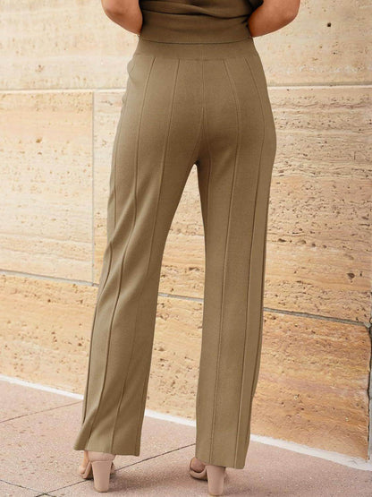 Round Neck Cap Sleeve Top and Pants Knit Set for Women - Selvanelle