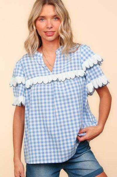 Haptics Full Size Plaid Scallop Hem Notched Blouse - Selvanelle