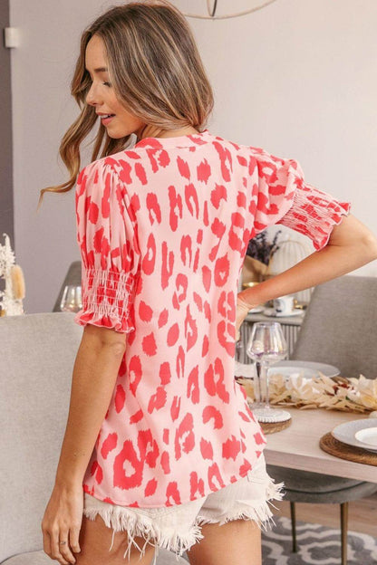BiBi Leopard Smocked Short Sleeve Blouse for Trendy Style - Selvanelle